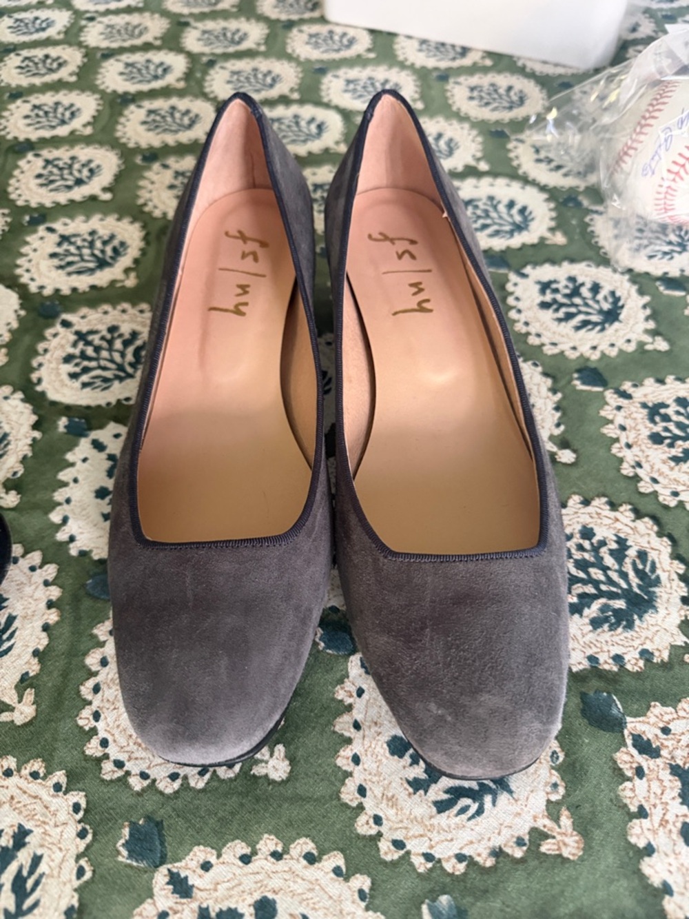 French Sole Gray Suede Square-Toe Flats